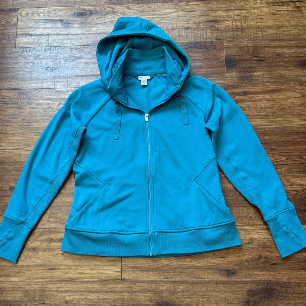 Athleta Women’s Zip Up Thumb Hole Sleeve Fleece Lined Hoodie Blue Size Large - Picture 3 of 11